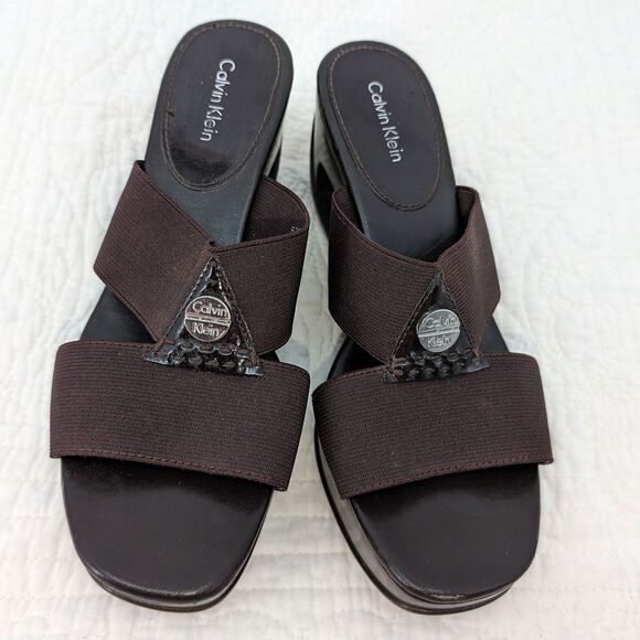Vintage 1990s y2k Calvin Klein Leather Sandals Brown Logo Wedge Size 7 - Picture 12 of 12
